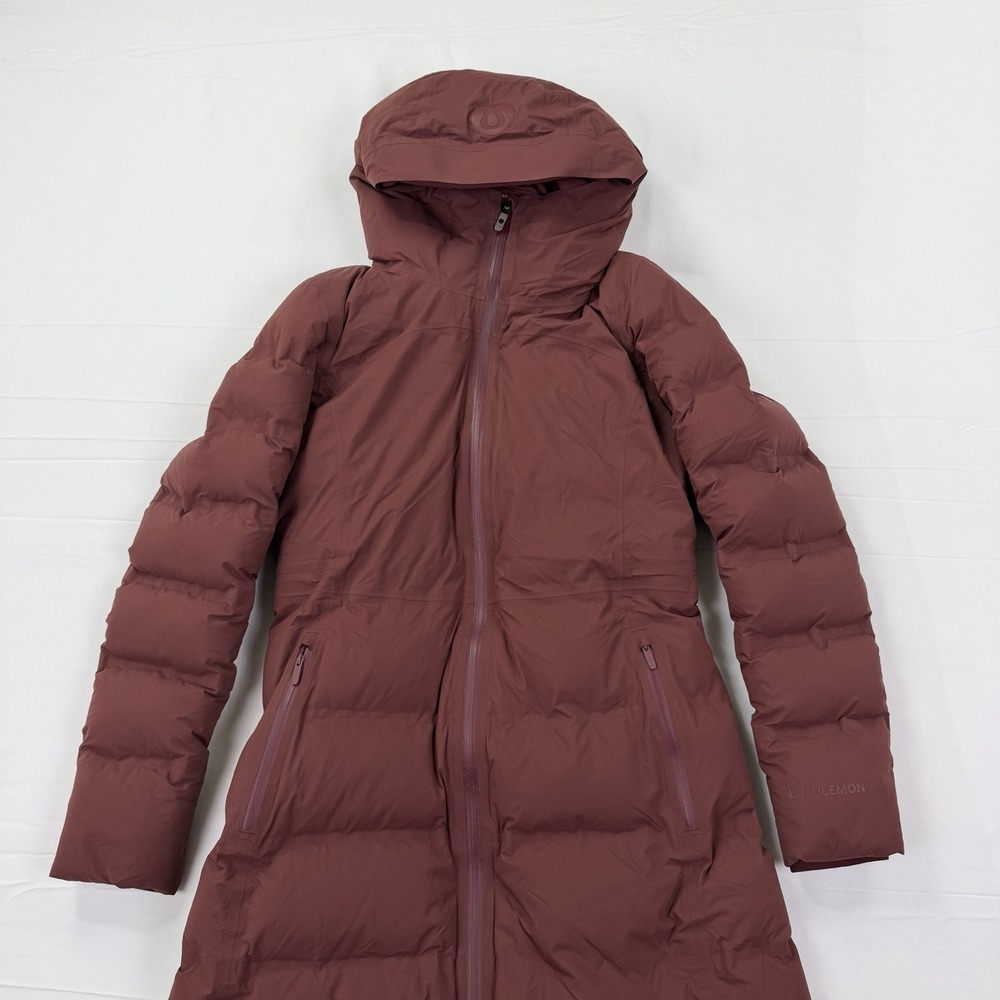 Lululemon Long Puffer Coat Women's 6 Burgundy Goose Down Hooded Winter Parka - Picture 2 of 16